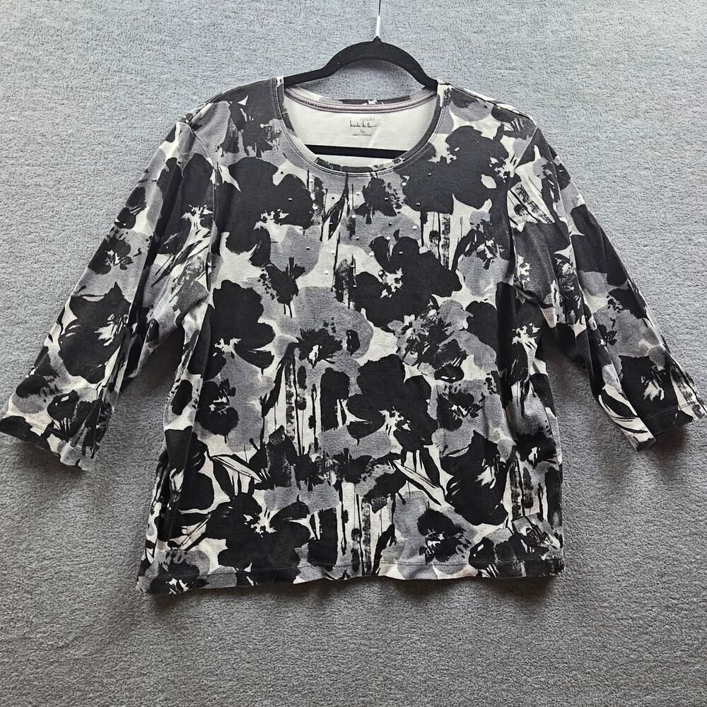 Nicki Nicole Miller Grey Floral Pond Print Black Silver Bling 3/4 Sleeve Algodon